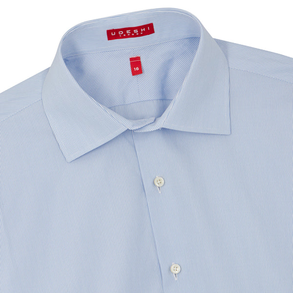 Connery Collar Shirt with Double Cuff in Blue Fine Bengal Stripe Swiss Poplin