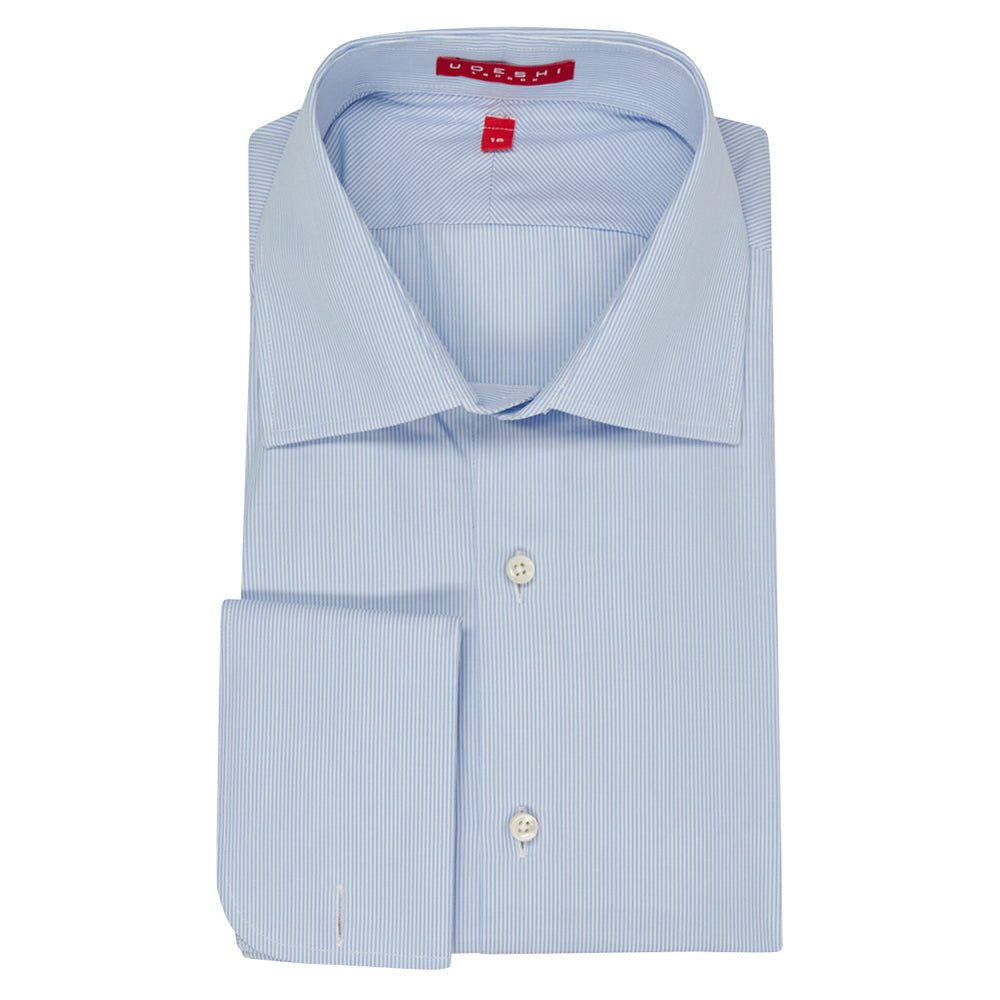 Connery Collar Shirt with Double Cuff in Blue Fine Bengal Stripe Swiss Poplin