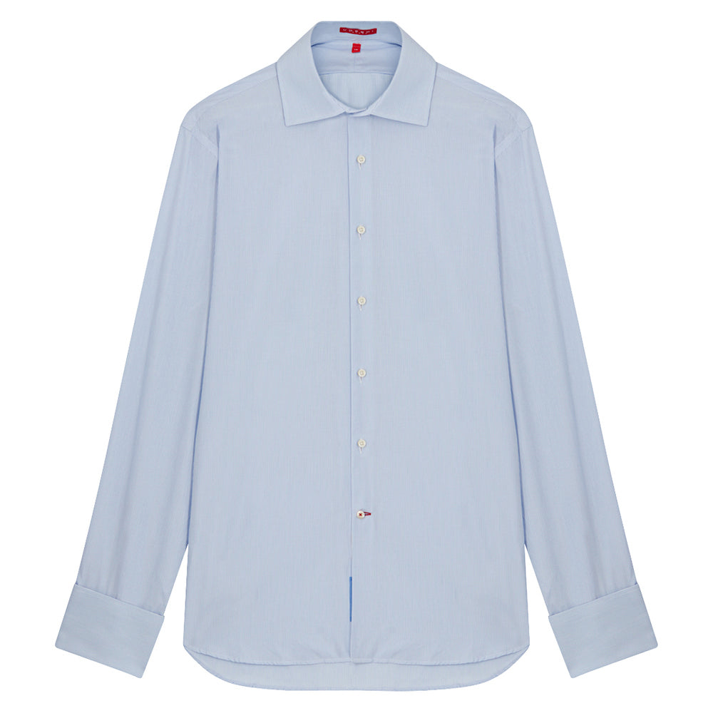 Connery Collar Shirt with Double Cuff in Blue Fine Bengal Stripe Swiss Poplin
