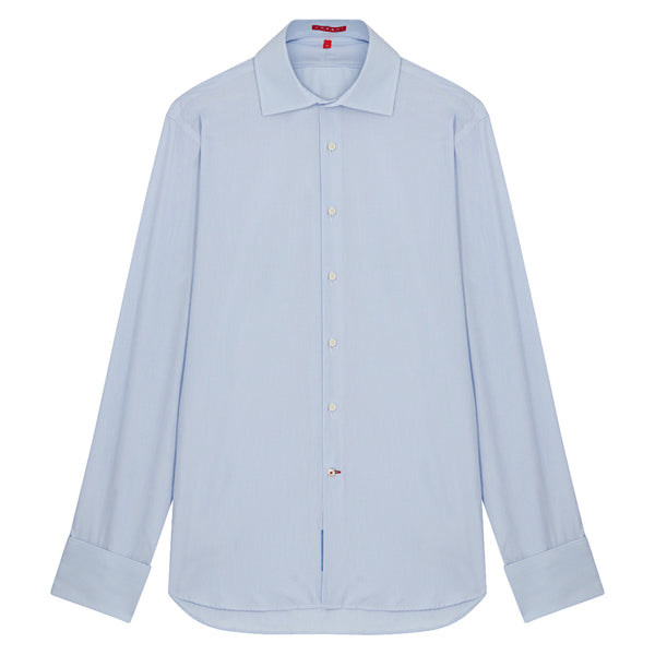 Connery Collar Shirt with Double Cuff in Blue Fine Bengal Stripe Swiss Poplin