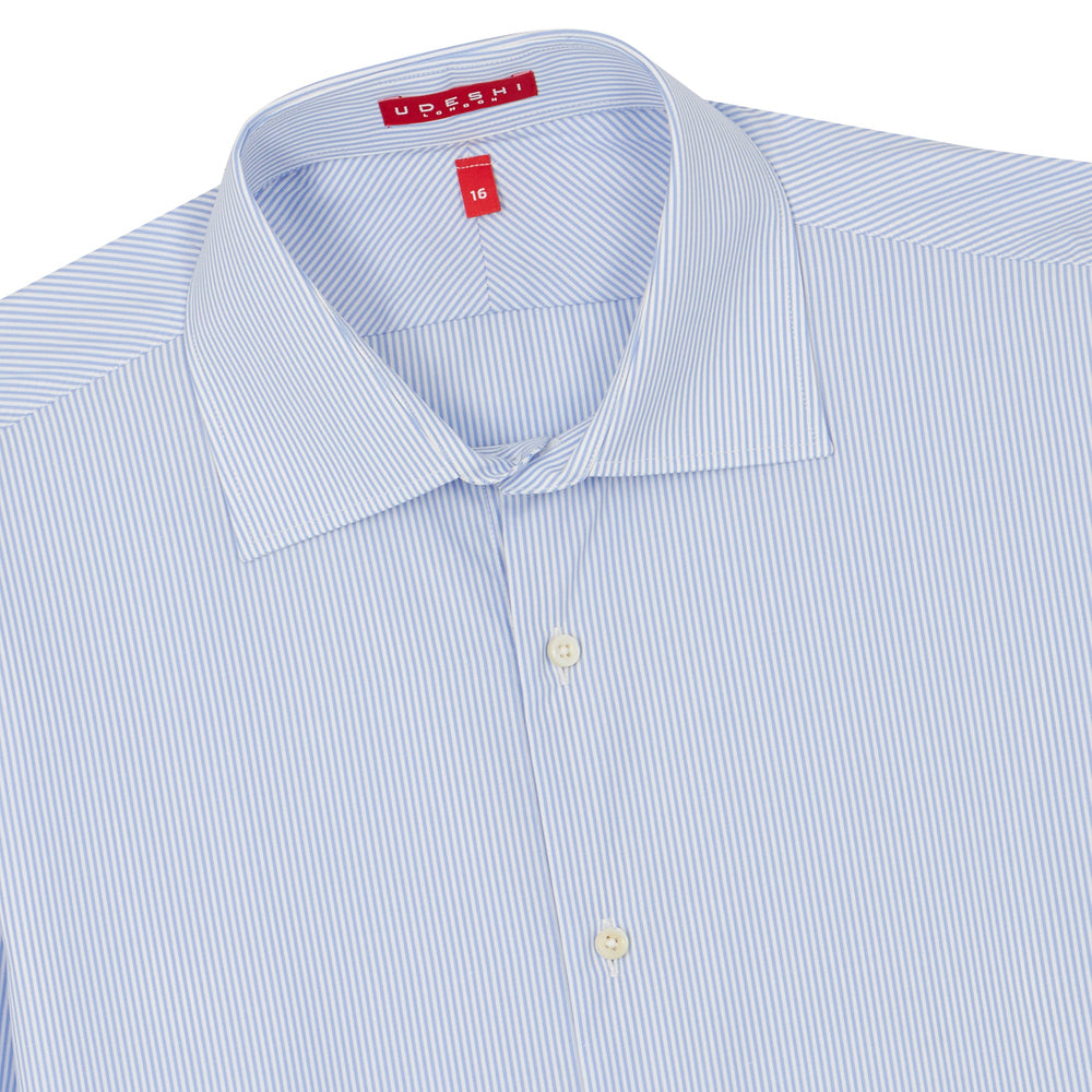 Connery Collar Shirt with Double Cuff in Blue Medium Bengal Stripe Swiss Poplin