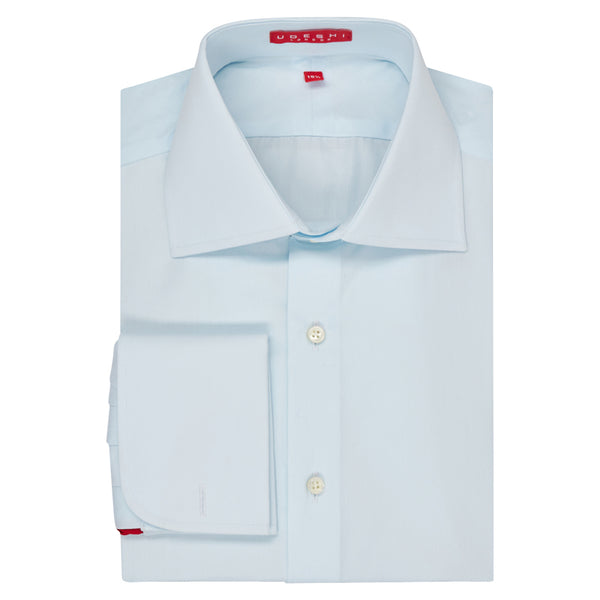 Connery Collar Shirt with Double Cuff in Pale Blue Swiss Poplin