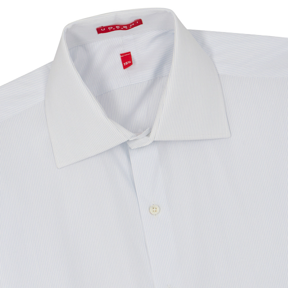 Connery Collar Shirt with Double Cuff in Blue Pinstripe Swiss Poplin