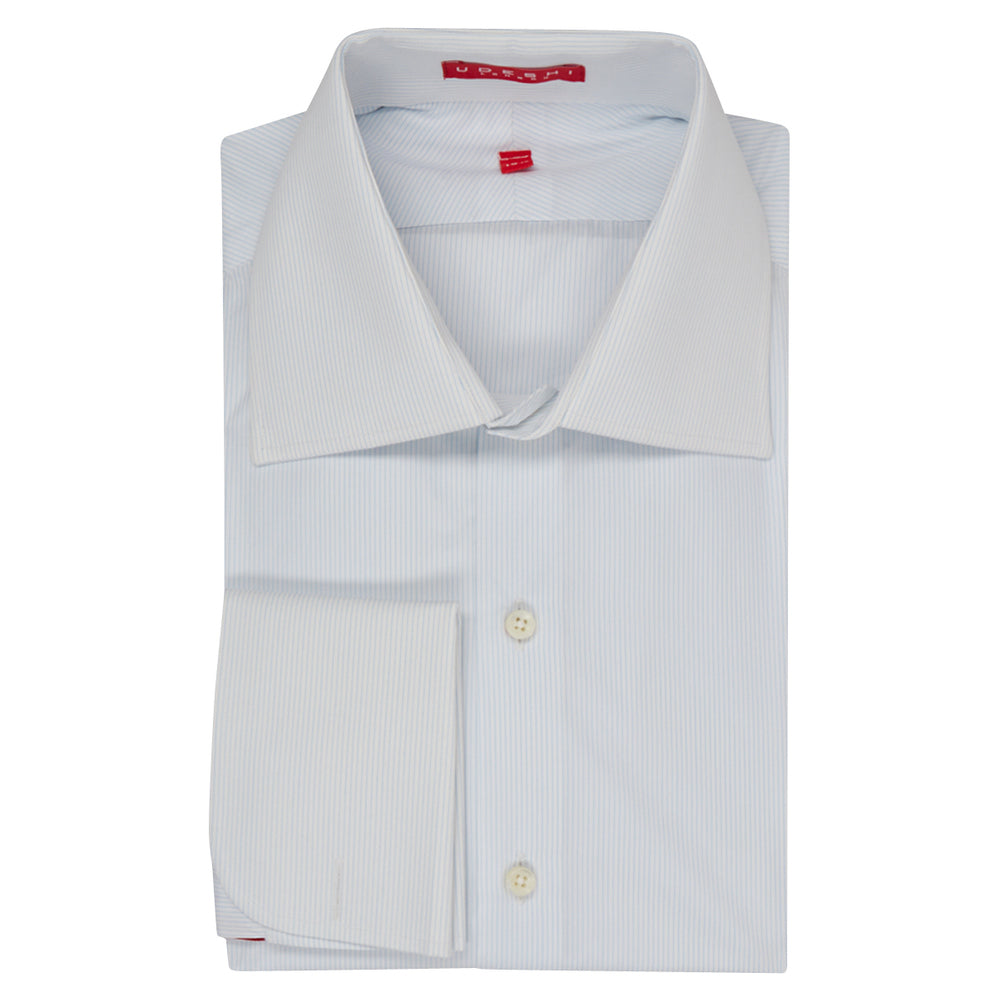 Connery Collar Shirt with Double Cuff in Blue Pinstripe Swiss Poplin