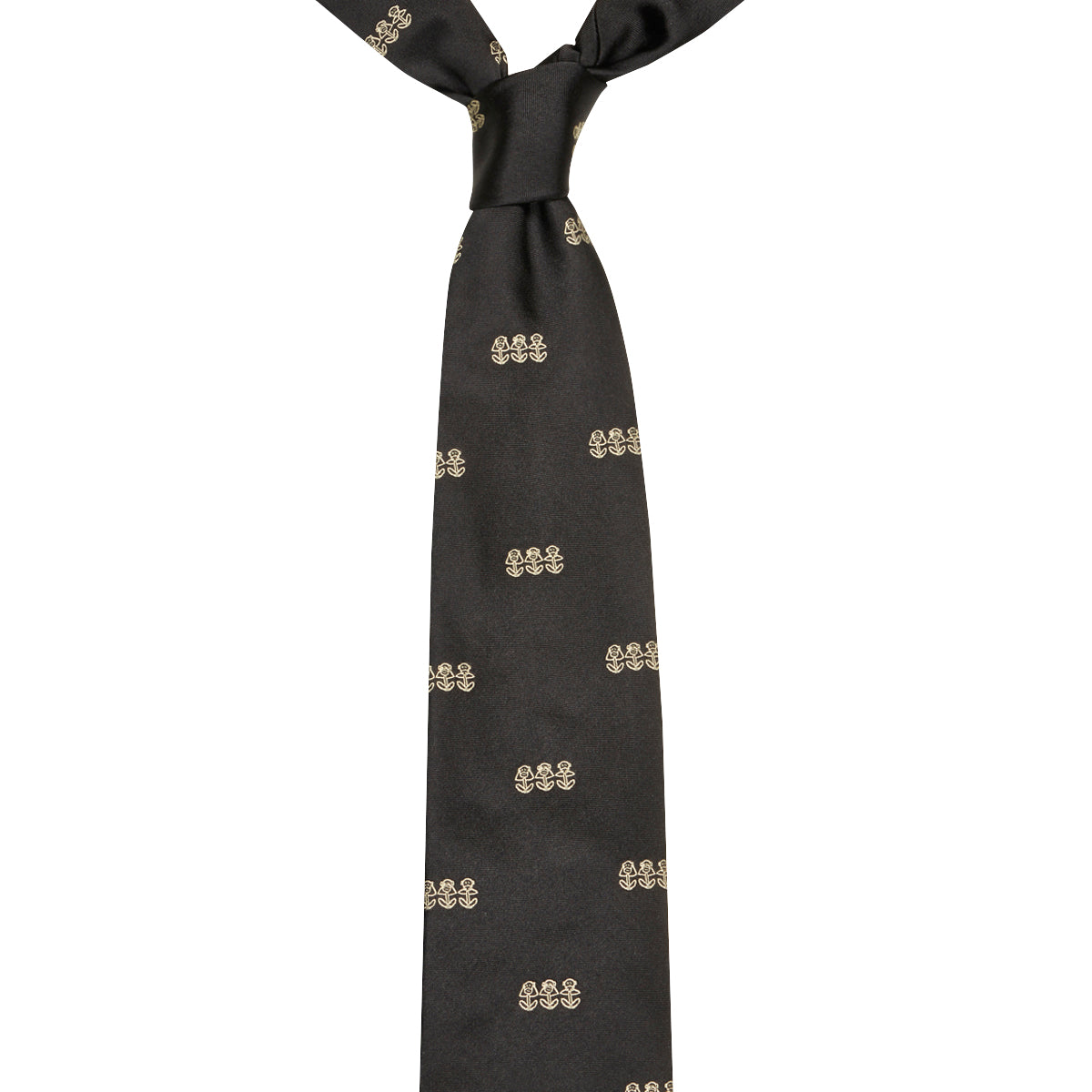 3 Monkeys Motif Silk Tie Black