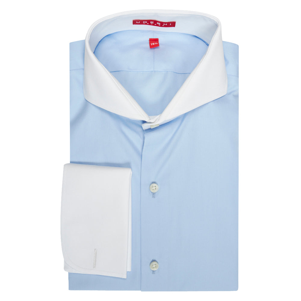 Extreme Cutaway Collar Shirt with Double Cuff in Blue Swiss Poplin