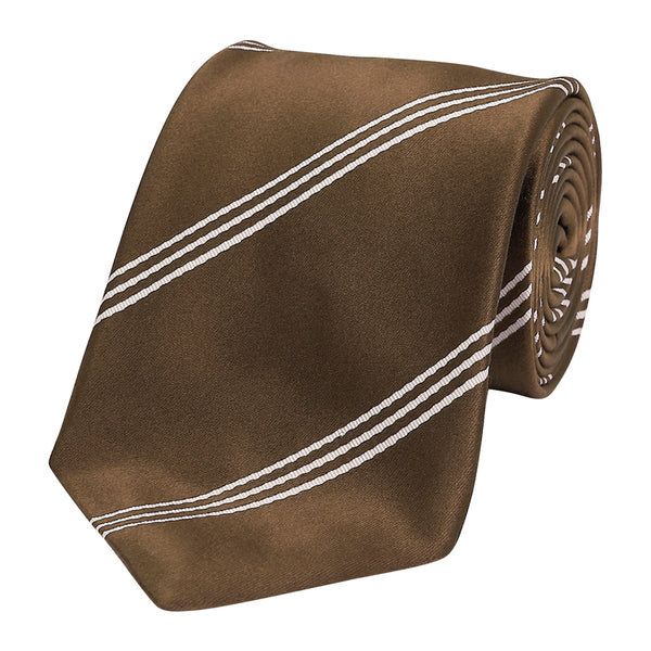 Triple Wide Stripe Mogador Silk Tie Brown
