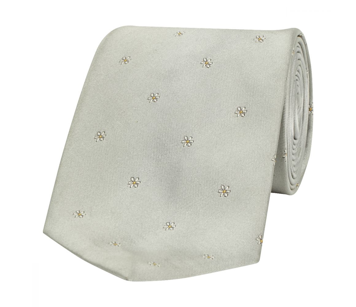 Flower Motif Silk Tie Silver