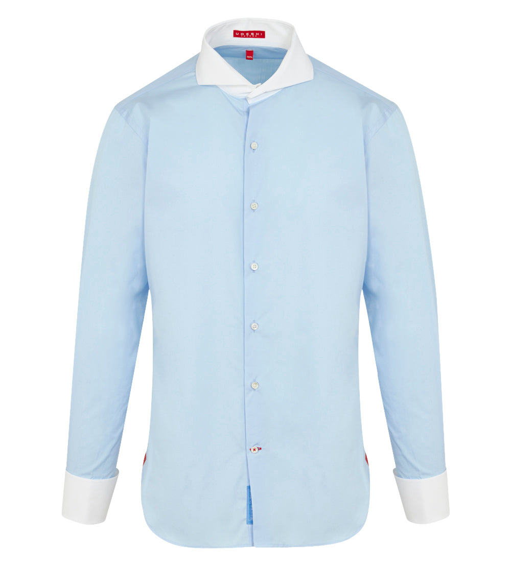 Extreme Cutaway Collar Shirt with Double Cuff in Blue Swiss Poplin