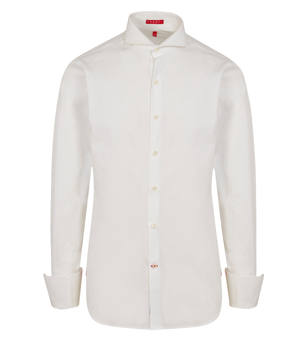 Extreme Cutaway Collar Shirt with Double Cuff in White Swiss Poplin