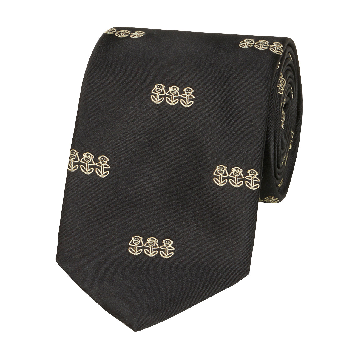 3 Monkeys Motif Silk Tie Black