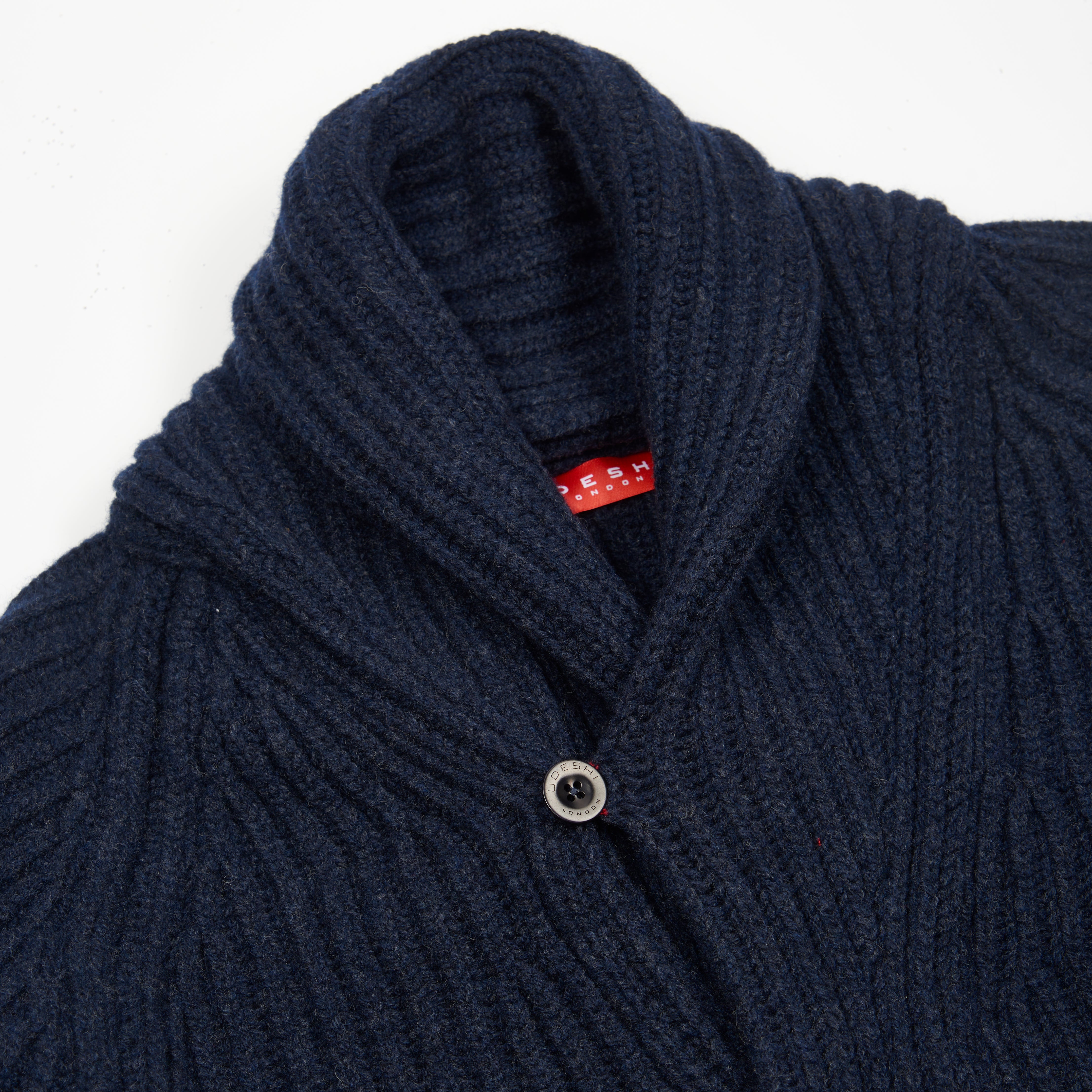udeshi denim indigo navy shawl cardigan lambswool