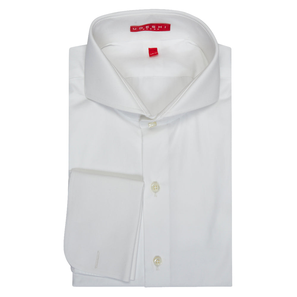 Extreme Cutaway Collar Shirt with Double Cuff in White Swiss Poplin