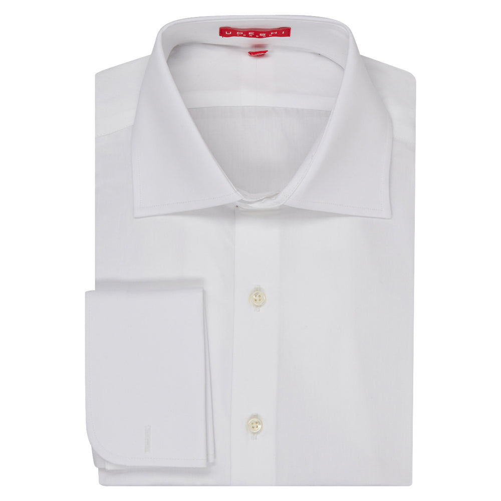 Connery Collar Shirt with Double Cuff in White Swiss Poplin