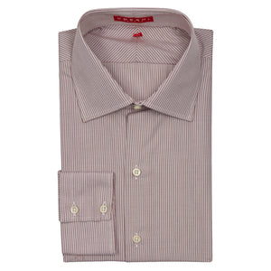 A folded burgundy checkered dress shirt with a collar and buttoned cuffs, displayed against a neutral background.