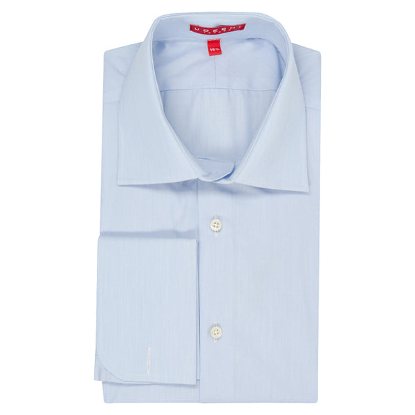 Connery Collar Shirt with Double Cuff in Blue Hairline Swiss Poplin