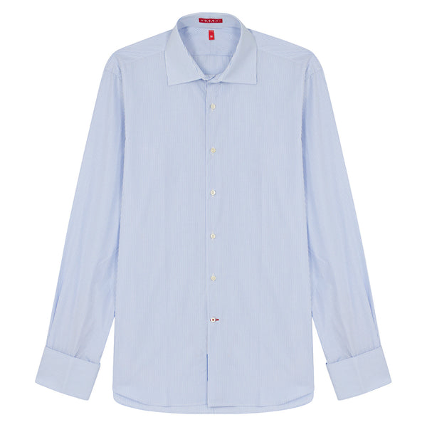 Connery Collar Shirt with Double Cuff in Blue Medium Bengal Stripe Swiss Poplin